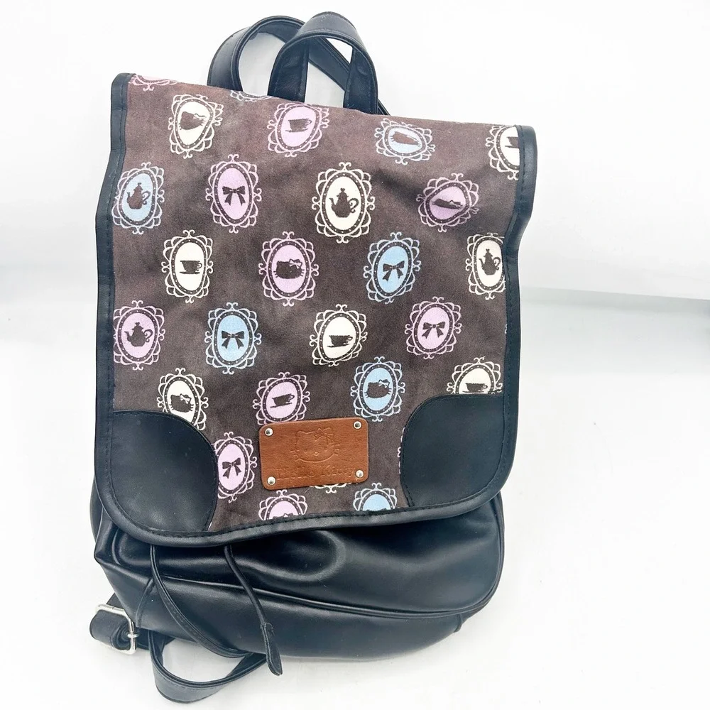 Hello Kitty Backpack Small Black Faux Leather Cameo Print